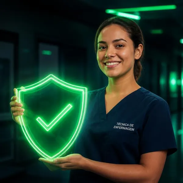 Profissional de enfermagem segura com escudo de garantia, representando a confiança de entrar no Método MIRA sem risco