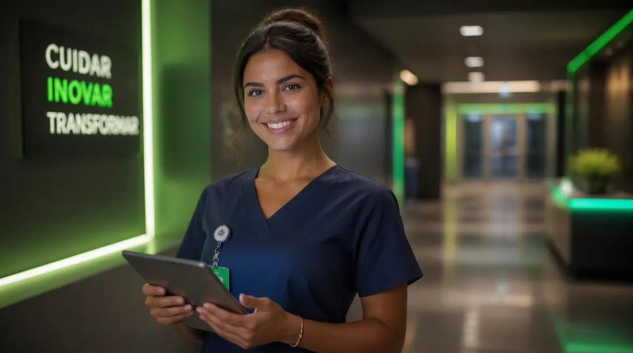 Profissional de Enfermagem sorrindo com confiança, segurando um tablet em um hospital moderno
