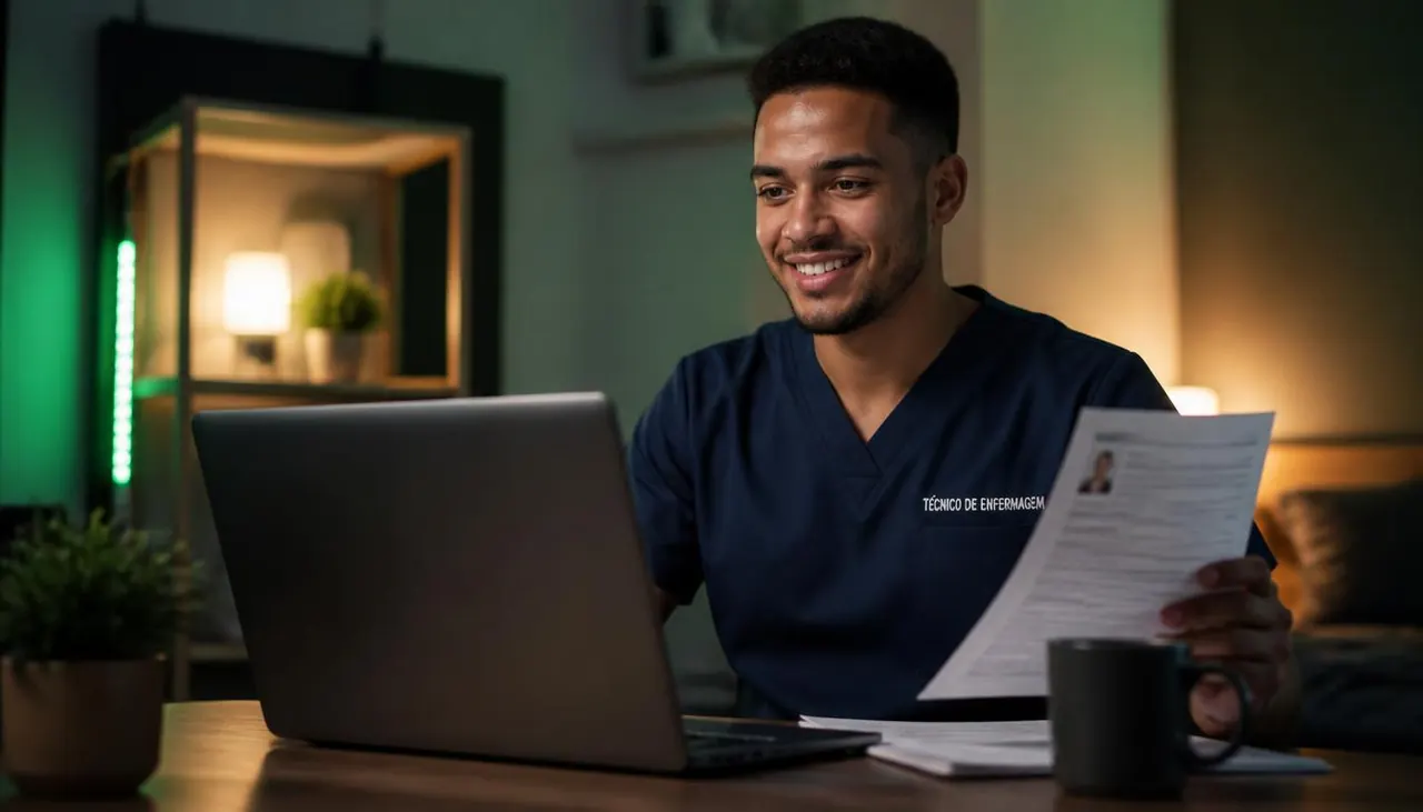 Técnico de Enfermagem sorrindo em casa, no computador pessoal, com currículo pronto na mão enquanto busca oportunidades e envia por e-mail