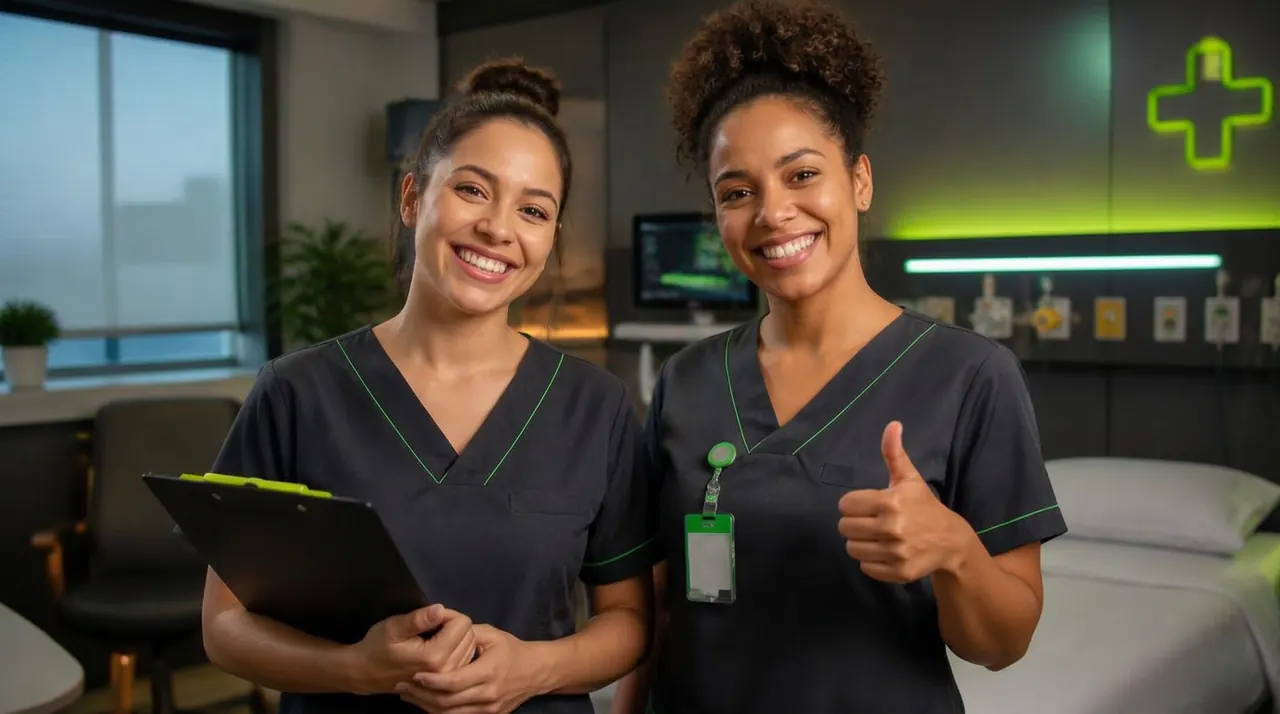 Duas profissionais de Enfermagem sorrindo, uma segurando prontuário e outra fazendo sinal de positivo