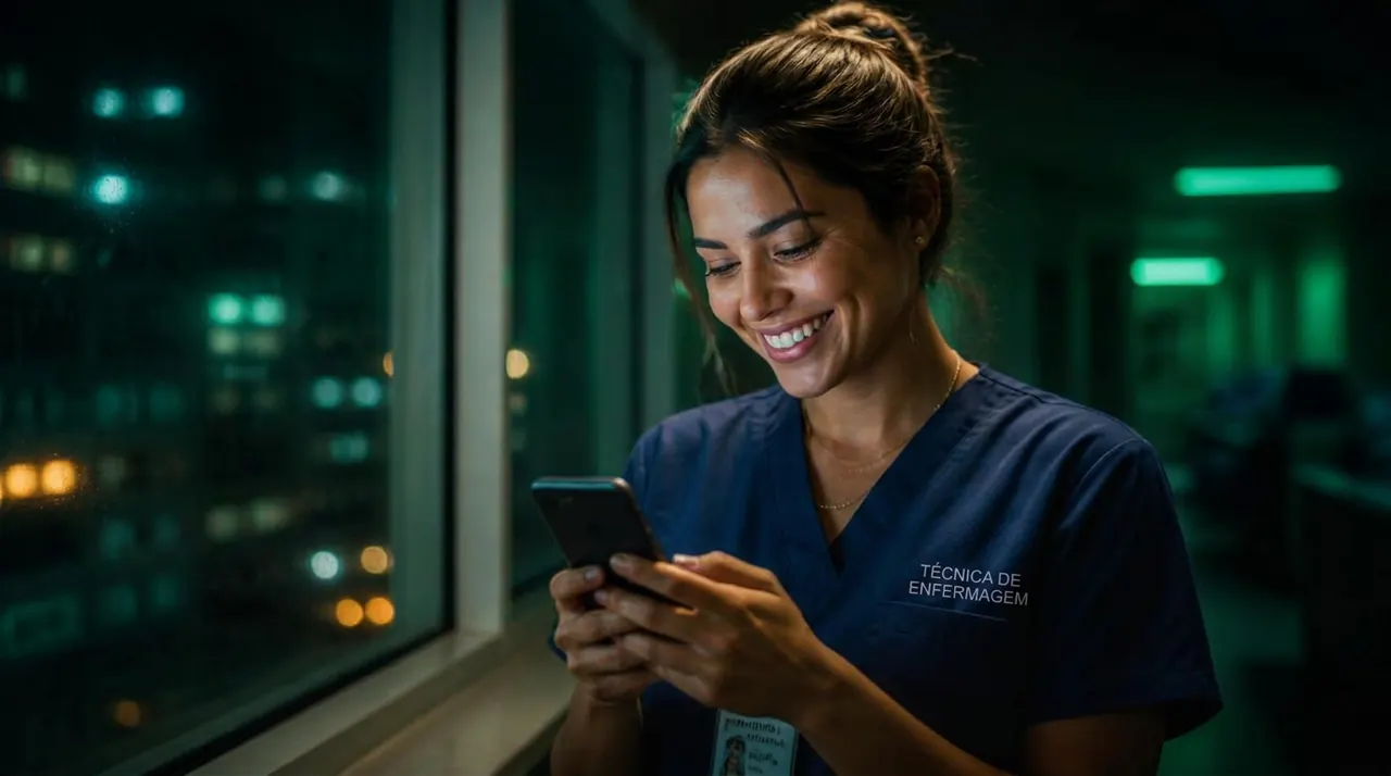 Enfermeira sorrindo ao olhar para o celular, representando a sensação de ter encontrado a oportunidade certa
